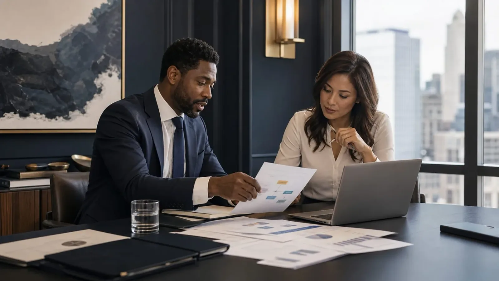 Advisors reviewing business financial information