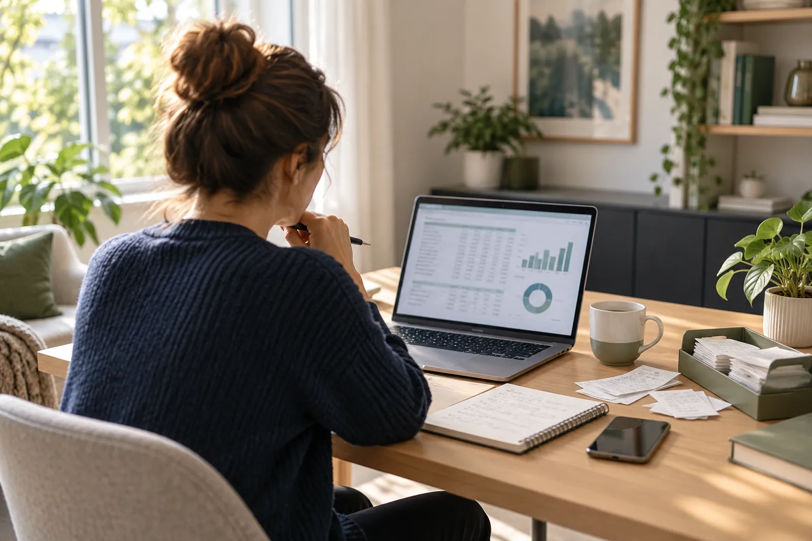 Business owner reviewing financial reports on a laptop at home